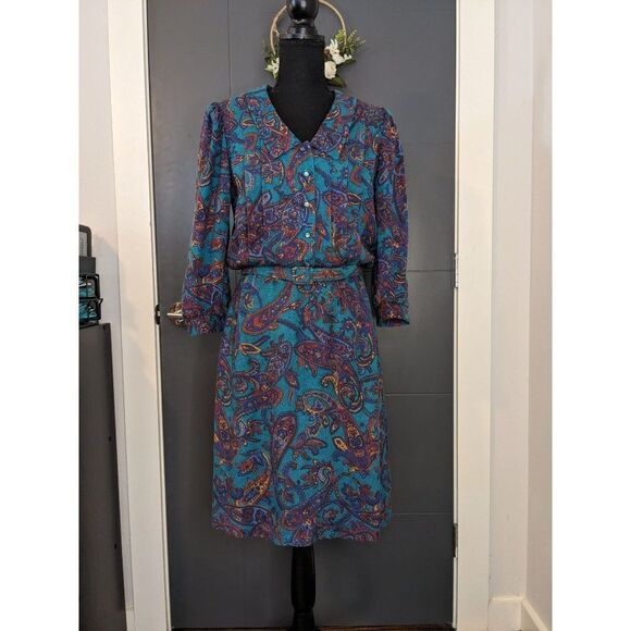 *3 for‎ $20* Leslie Fay Petites Paisley Print Belted Dress with ILGWU Tag - Picture 1 of 8
